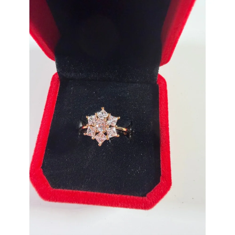 Rose Gold Tone Cubic Zirconia Snowflake Cluster Statement Ring Floral Design